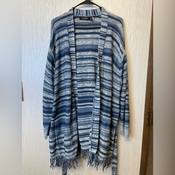 Lauren Ralph Lauren Belted Fringe Cardigan 2X | Blue Striped Linen Cotton blend - Picture 1 of 6